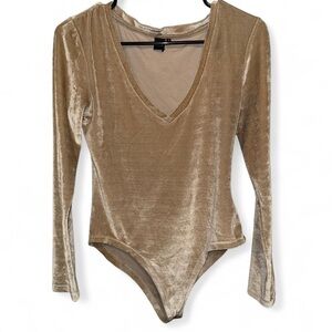 Velvet Long Sleeve Bodysuit - Tan
